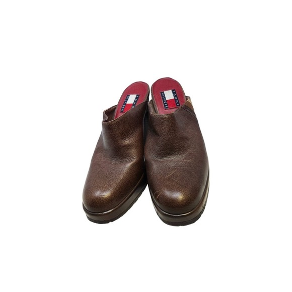 Vintage Y2K Tommy Hilfiger 6 Brown Leather Heel Chunky Mule Lug Sole Boho Grunge - Picture 2 of 6